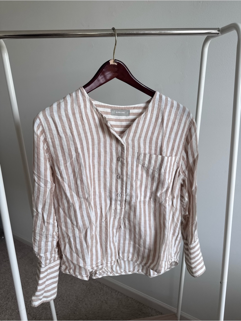 Everlane Beige and White Striped Button-Down Shirt